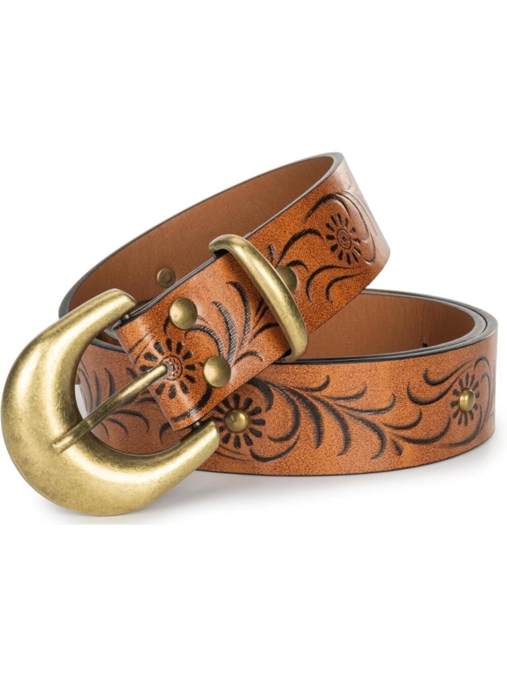 Unisex Brown PU Leather Belt Vintage Western Cowboy Waist Belt Carved Buckle
